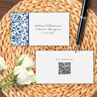 Elegant Blue Floral with QR Code Business Card