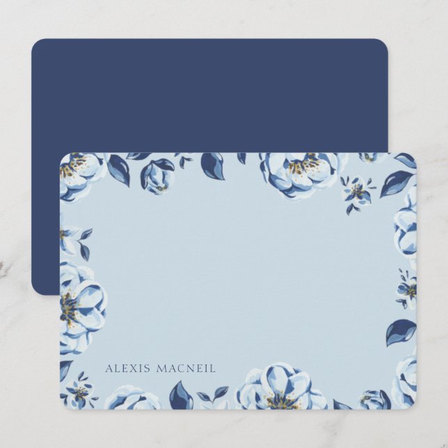 Elegant Blue Floral Womens Personalized Stationary Note Card (Front/Back)