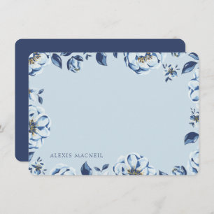 Elegant Blue Floral Womens Personalized Stationary Note Card