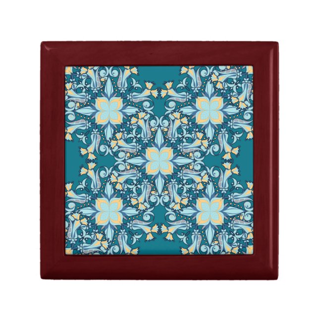 Elegant Blue Floral Wooden Jewelry Keepsake Box (Front)