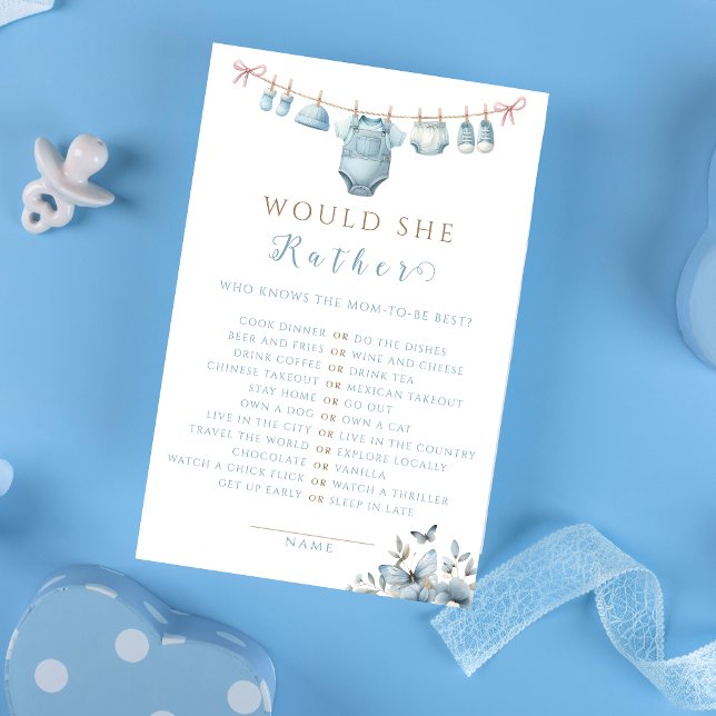 Elegant Blue Floral Would She Rather Baby Shower (Creator Uploaded)