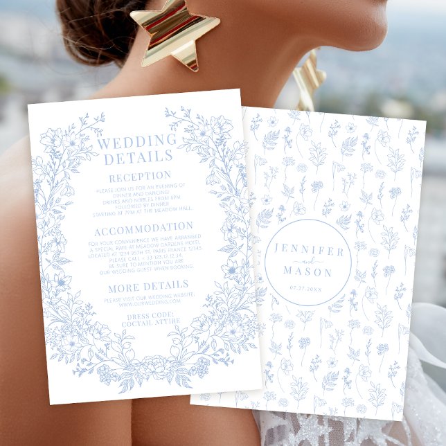 Elegant blue floral wreath boho wedding details enclosure card (Creator Uploaded)