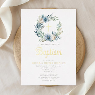Elegant Blue Floral Wreath Boy Baptism Gold Foil Invitation