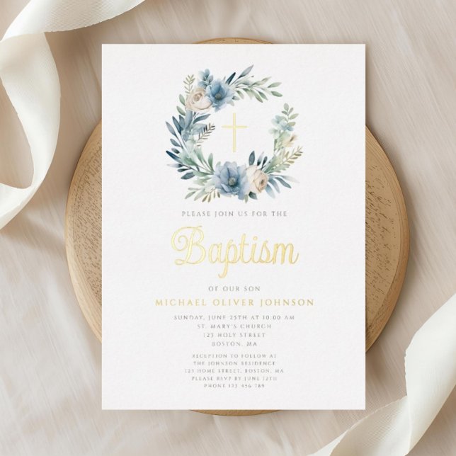 Elegant Blue Floral Wreath Boy Baptism Gold Foil Invitation (Elegant Blue Floral Wreath Boy Baptism Gold Foil Invitation)