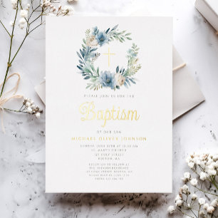 Elegant Blue Floral Wreath Boy Baptism Gold Foil Invitation