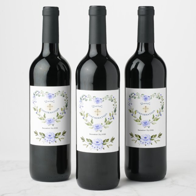 Elegant Blue Floral Wreath Boy Confirmation Wine Label (Bottles)