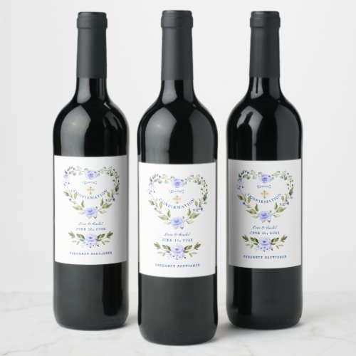 Elegant Blue Floral Wreath Boy Confirmation Wine Label