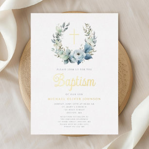 Elegant Blue Floral Wreath Cross Boy Baptism Gold Foil Invitation