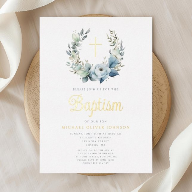 Elegant Blue Floral Wreath Cross Boy Baptism Gold Foil Invitation (Elegant Blue Floral Wreath Cross Boy Baptism Gold Foil Invitation)