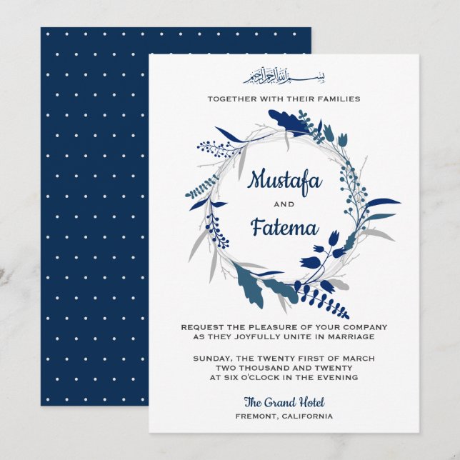 Elegant Blue Floral Wreath Islamic Wedding Invitation (Front/Back)