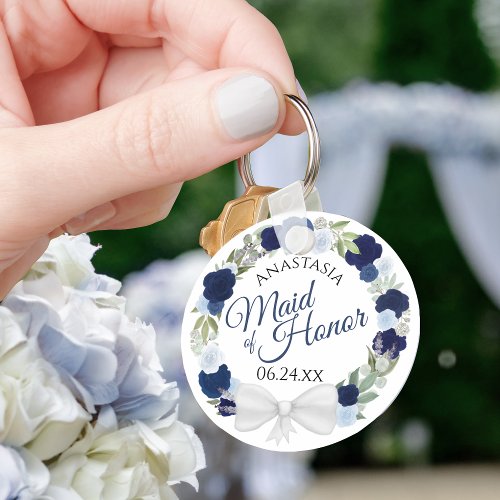 Elegant Blue Floral Wreath Maid of Honor Wedding Keychain