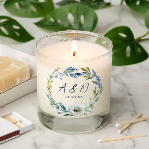 Elegant Blue Floral Wreath Monogram Wedding Scented Candle