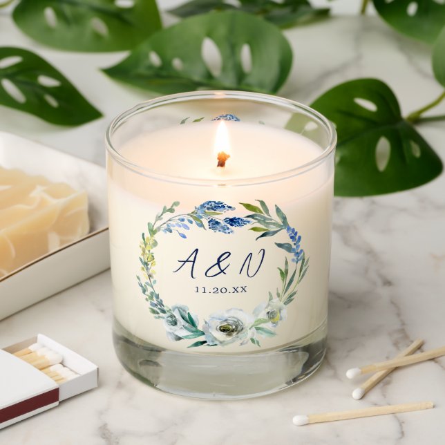 Elegant Blue Floral Wreath Monogram Wedding Scented Candle (Lit)