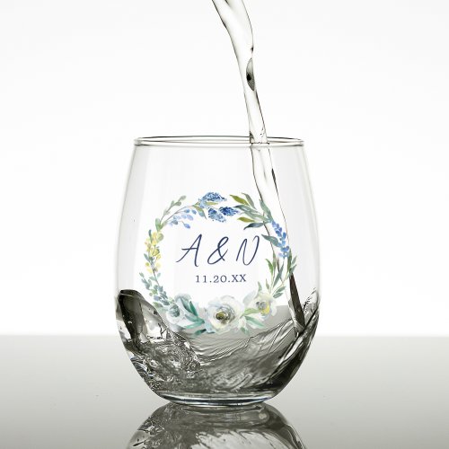 Elegant Blue Floral Wreath Monogram Wedding Stemless Wine Glass