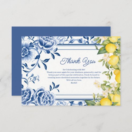 Elegant Blue Floral  Yellow Lemon Bridal Shower  Thank You Card