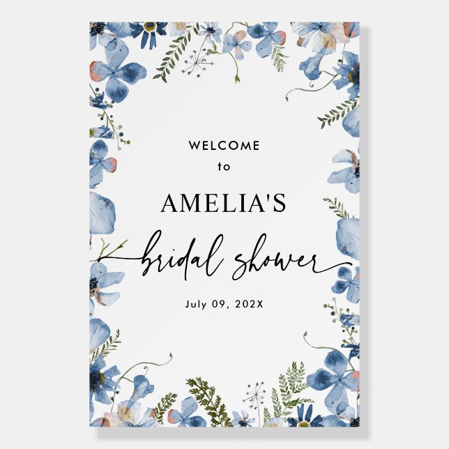 Elegant Blue Florals Bridal Shower Welcome Sign (Front)