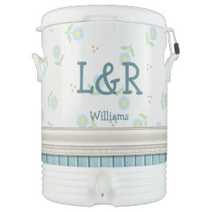 Elegant Blue Florals w/ Blue Named Initials Beverage Cooler