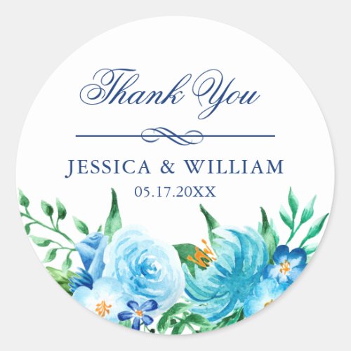 Elegant Blue Florals Wedding Thank You Classic Round Sticker