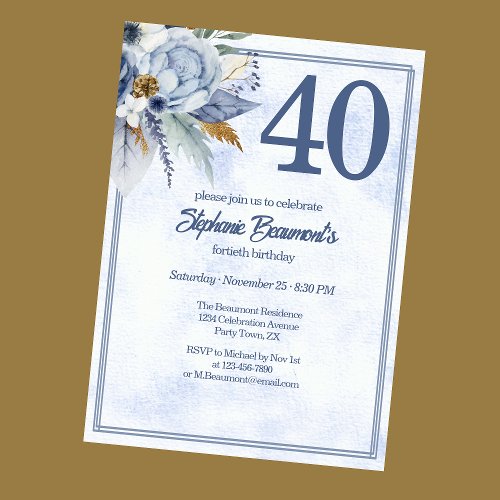 Elegant Blue Florals Women's 40th Birthday Party