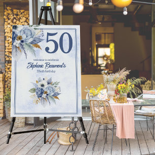 Elegant Blue Florals Women's 50th Birthday Party Foam Board