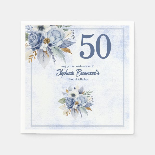 Elegant Blue Florals Women's 50th Birthday Party Napkins (Front)