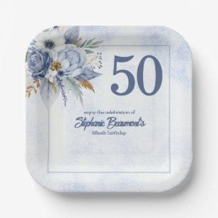 Elegant Blue Florals Women's 50th Birthday Party Paper Plates