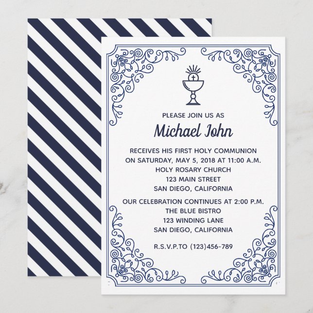 Elegant Blue flourish swirl boy First Communion Invitation (Front/Back)