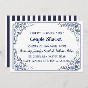 Elegant Blue flourish swirl frame Couple Shower Invitation