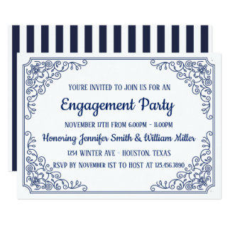 Elegant Blue flourish swirl frame engagement party Invitation