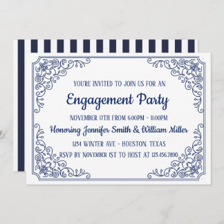 Elegant Blue flourish swirl frame engagement party Invitation