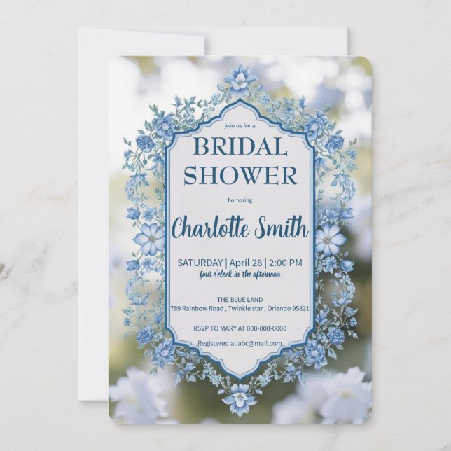 Elegant Blue  Flower chinoiserie bridal shower Invitation (Front)