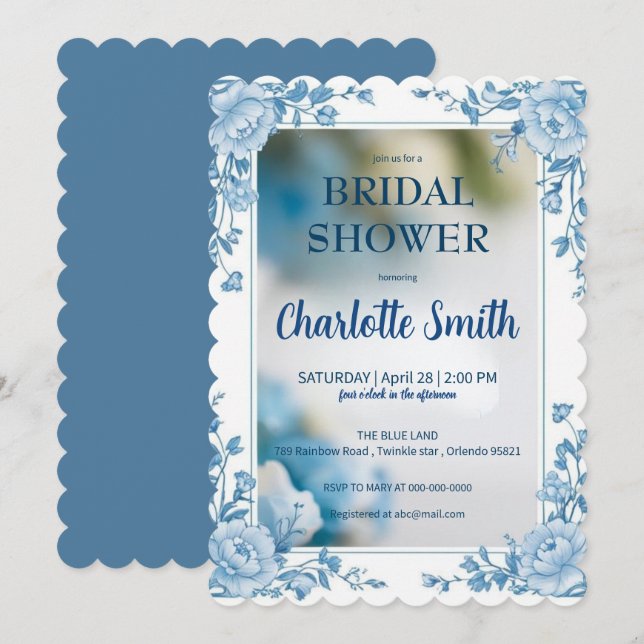 Elegant Blue  Flower chinoiserie bridal shower Save The Date (Front/Back)