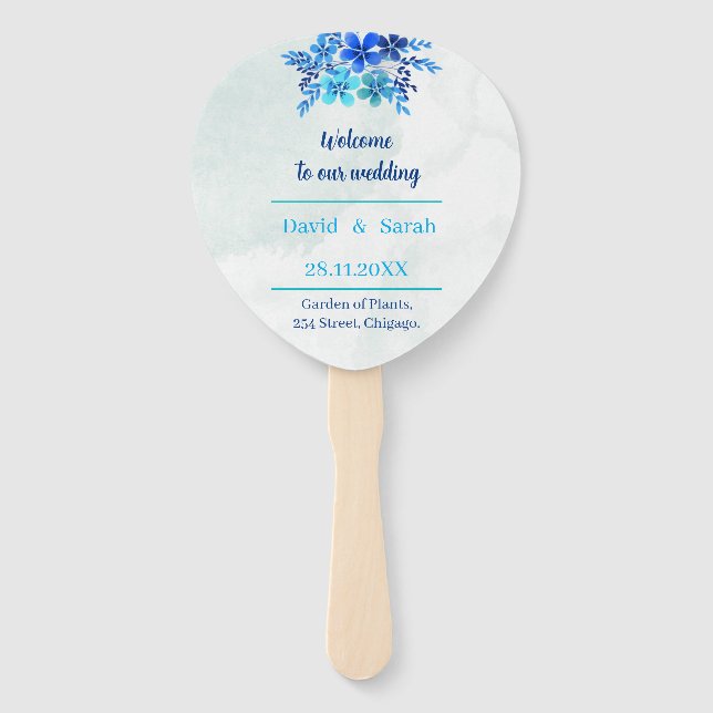 Elegant Blue Flower Custom Wedding Program Hand Fan (Front)