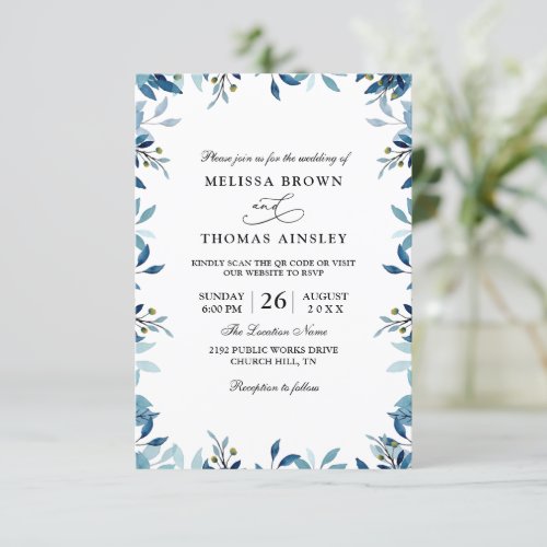 Elegant Blue Flower Leaves Budget Qr Code Wedding Invitation