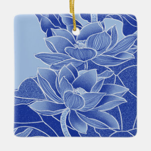 Elegant Blue Flower Lotus Mandala Lily Chinoiserie Ceramic Ornament