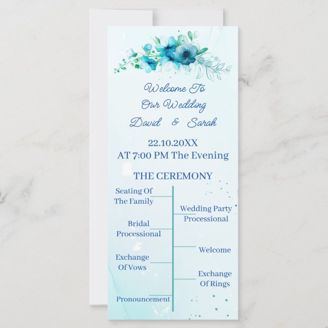 Elegant Blue Flower Personalised Wedding Program (Front)