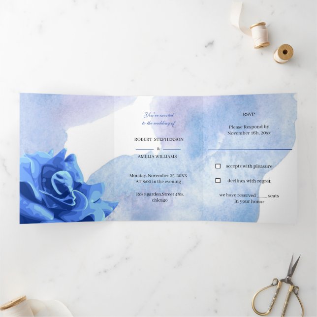 Elegant Blue Flower Personalized Wedding Tri-Fold Invitation (Inside)