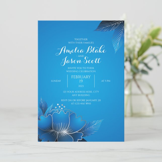 Elegant Blue Flower Wedding Invitation (Standing Front)