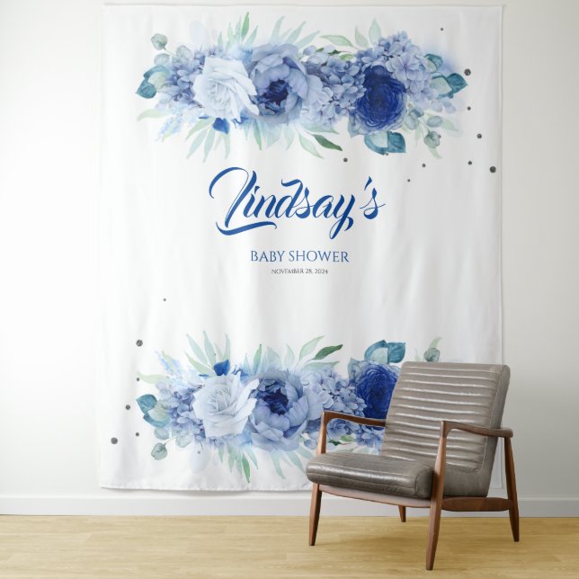 Elegant Blue Flowers and Silver Confetti Tapestry (In Situ)