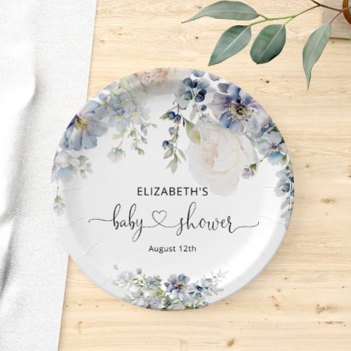 Elegant Blue Flowers Baby Shower Paper Plates