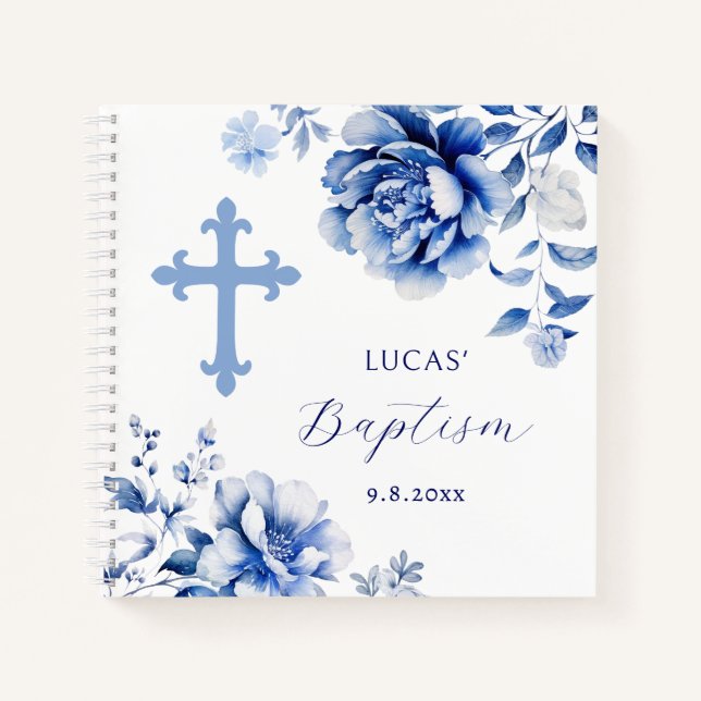 Elegant Blue Flowers Baptism Guest Book (Front)
