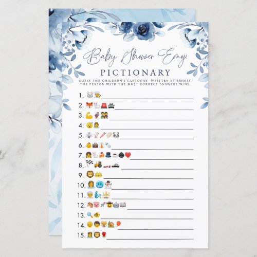 Elegant Blue Flowers Boy Baby Shower Emoji Game 