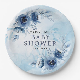 Elegant Blue Flowers Boy Baby Shower Paper Plates