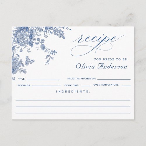 Elegant Blue Flowers Bridal Shower Recipe Card