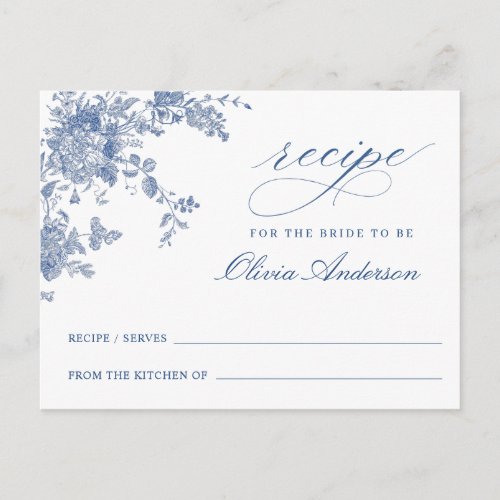 Elegant Blue Flowers Bridal Shower Recipe Card