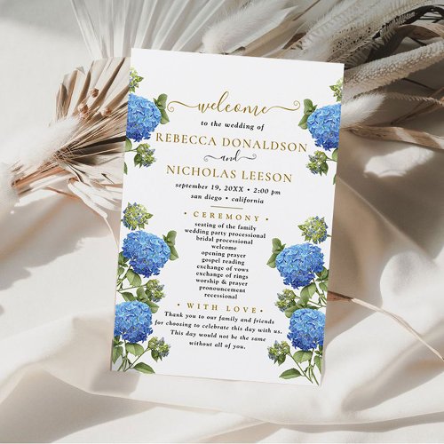 Elegant Blue Flowers Calligraphy Wedding Program