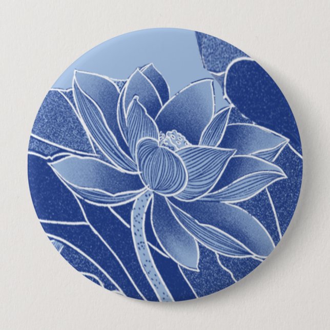 Elegant Blue Flowers Chinoiserie Lotus Mandala  Button (Front)