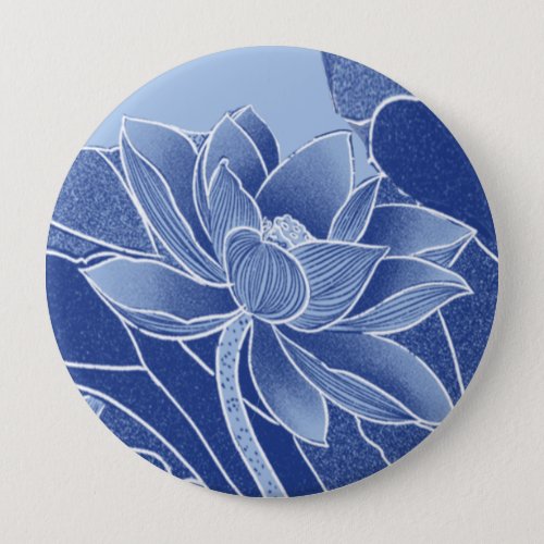 Elegant Blue Flowers Chinoiserie Lotus Mandala  Button