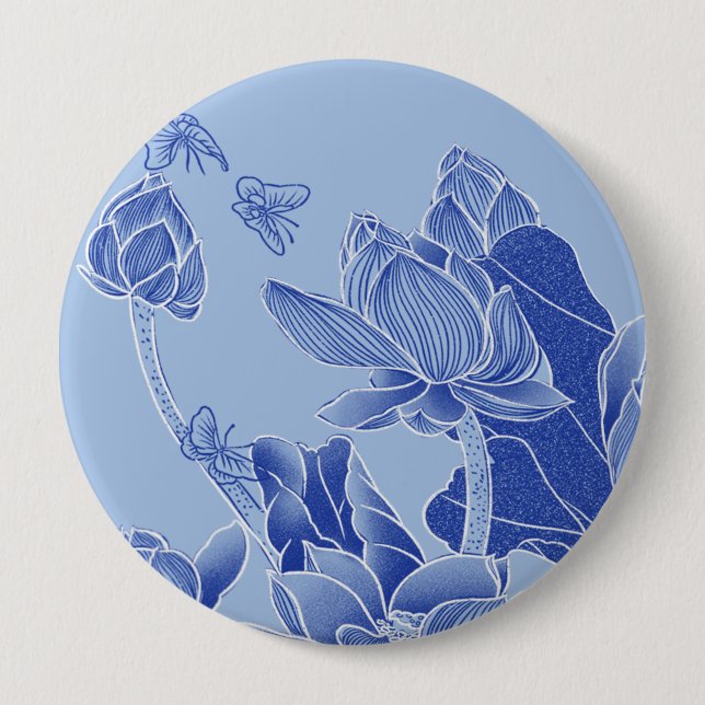 Elegant Blue Flowers Chinoiserie Lotus Mandala  Button (Front)