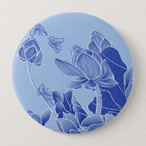 Elegant Blue Flowers Chinoiserie Lotus Mandala  Button